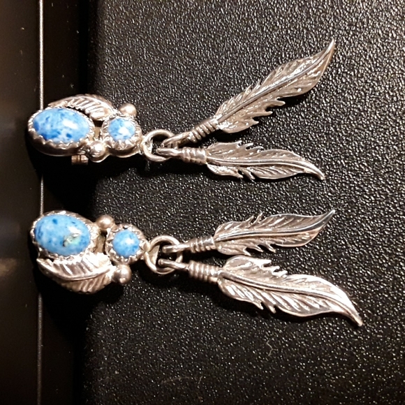 RB Genuine Sterling Silver Blue Navajo Earrings - Picture 3 of 5